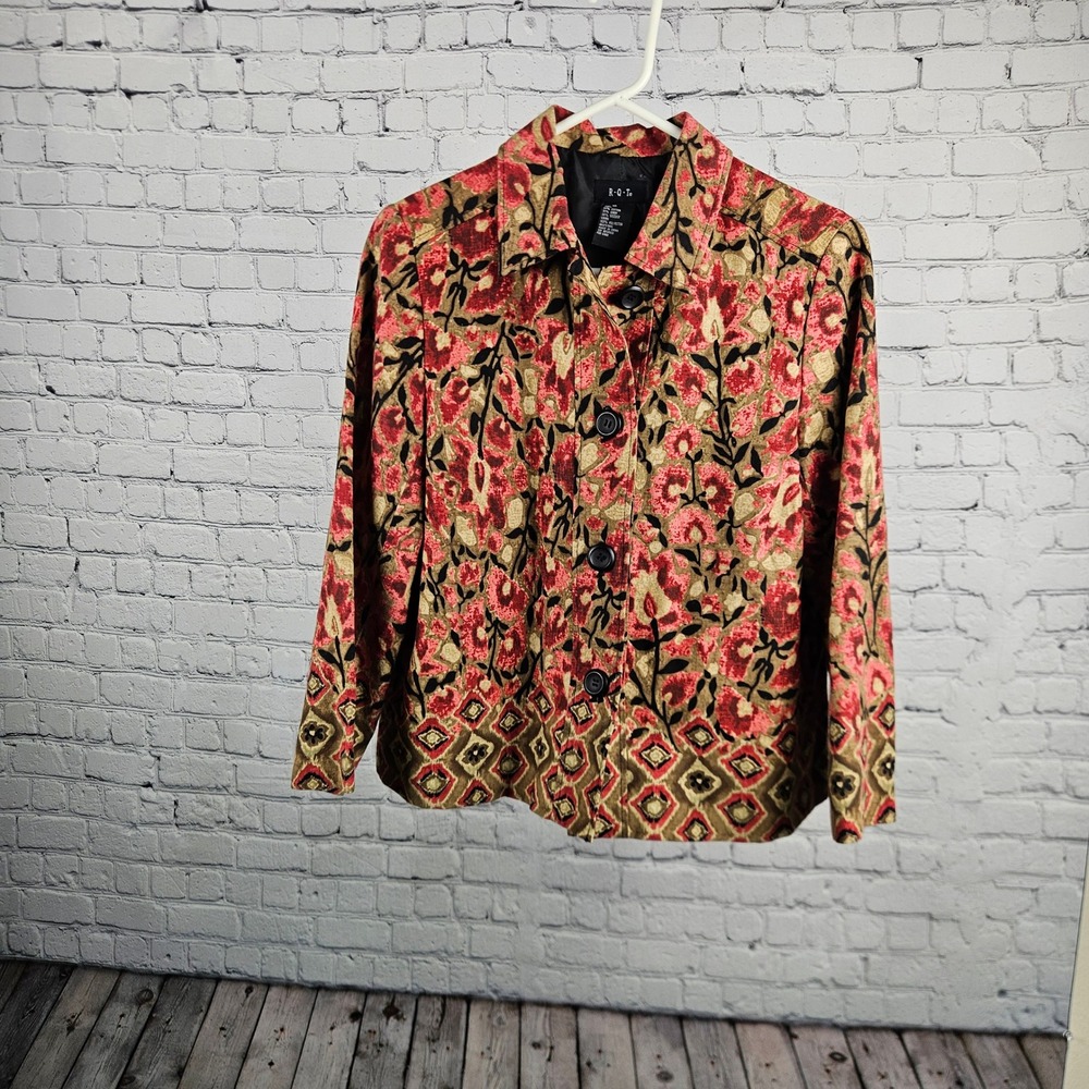 RQT Womens Floral Geometric Linen Blend Button Front Jacket Red Tan Size 10